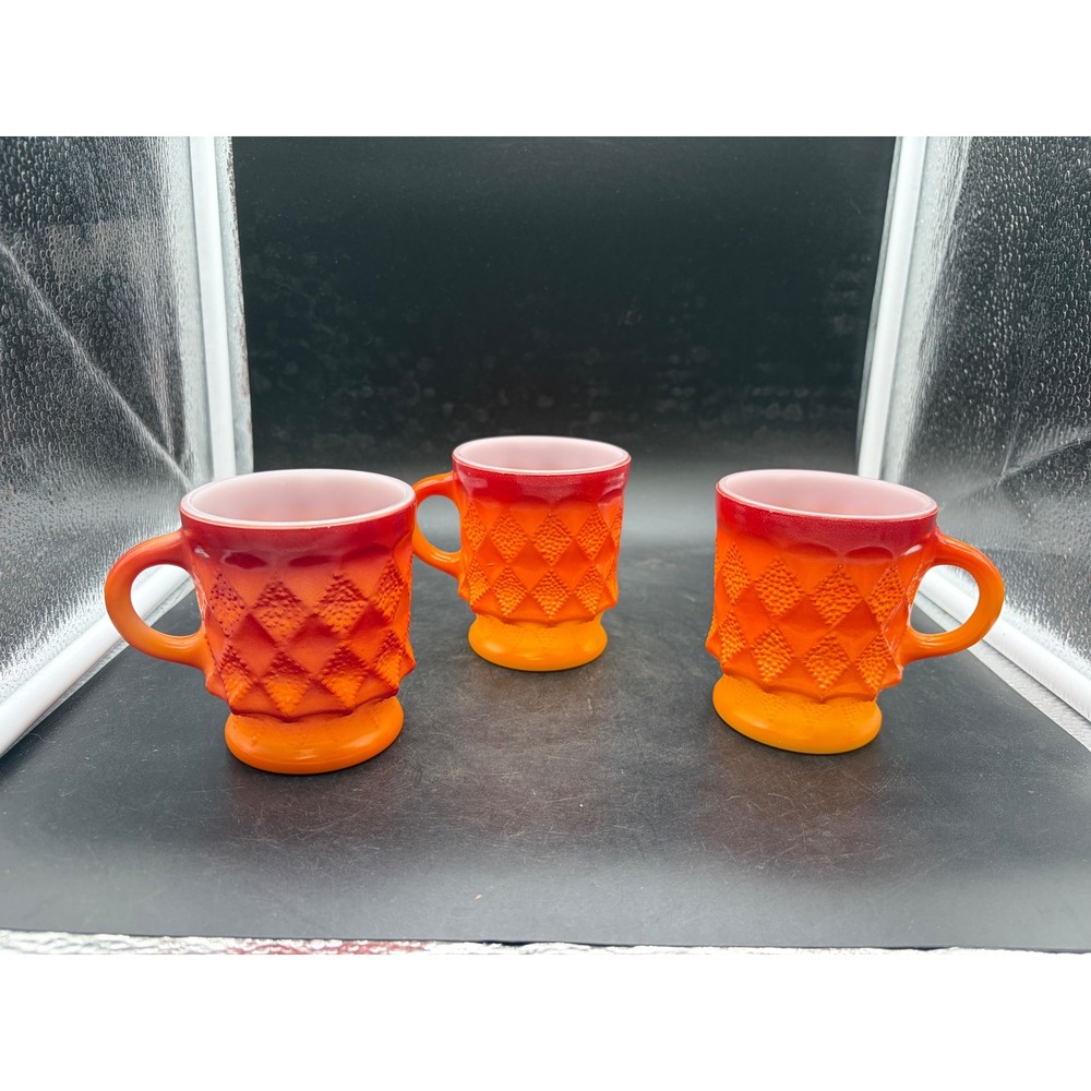 Vintage Fire-King Kimberly Mugs Red Orange Diamond Milk Glass Set of 3 USA
